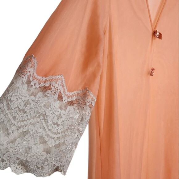 Vintage 60s 70s Robe Duster Flowy Glam BOHO Bell Sleeve Sheer Lace Coral Peach S - Picture 4 of 16